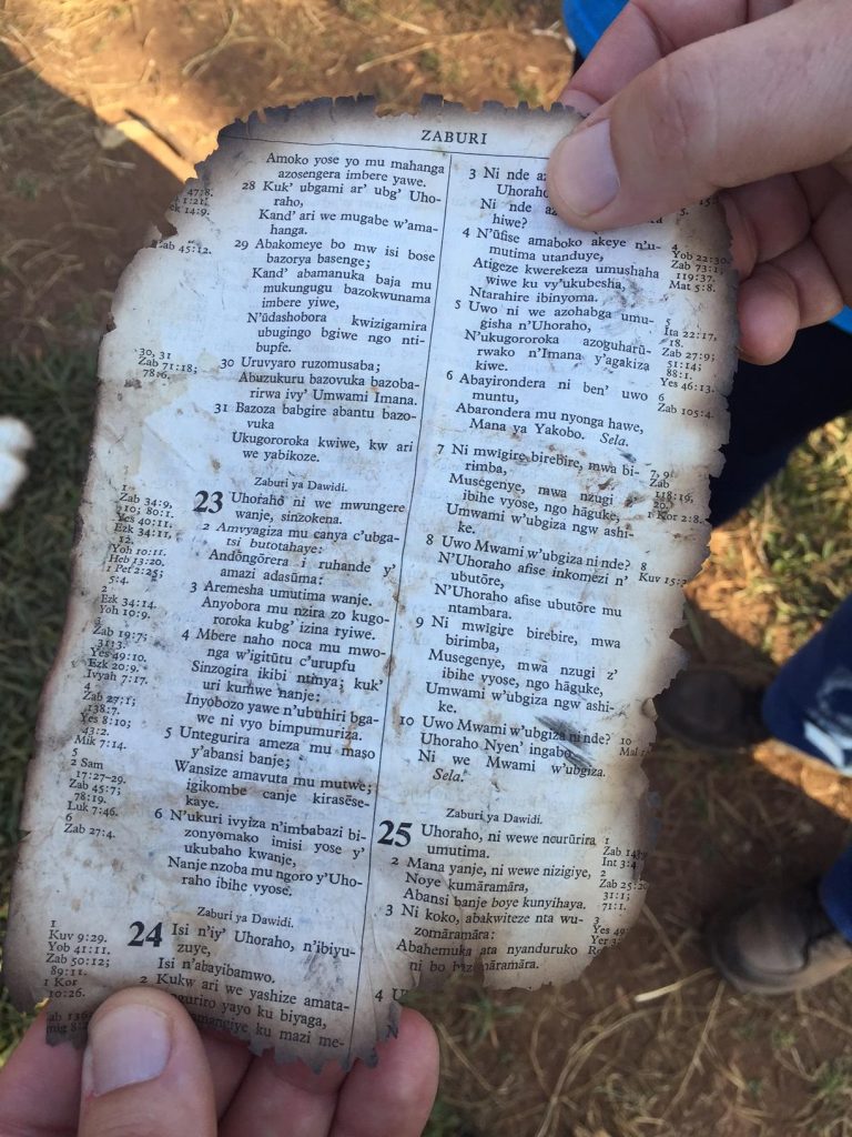 Abby found this page on the ground outside the dorm out of a Kirundi Bible…Psalm 23.